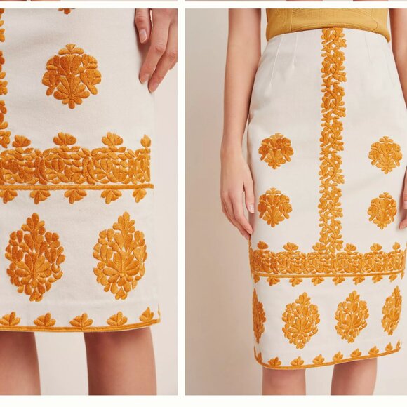 Anthropologie White and Orange Embellished Midi Skirt Size US 0 - Picture 1 of 9